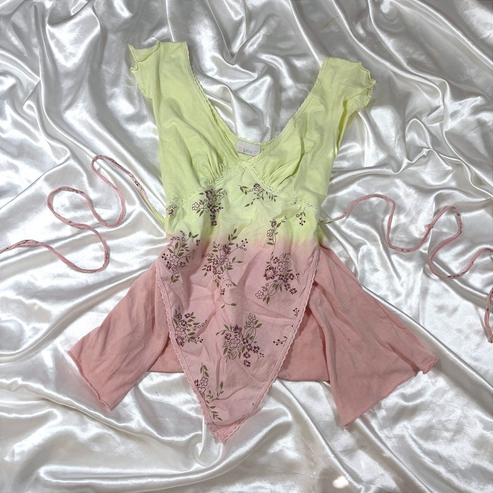 y2k Babydoll Top Pink Green Excellent Floral Lace Trim Handkerchief Hem S